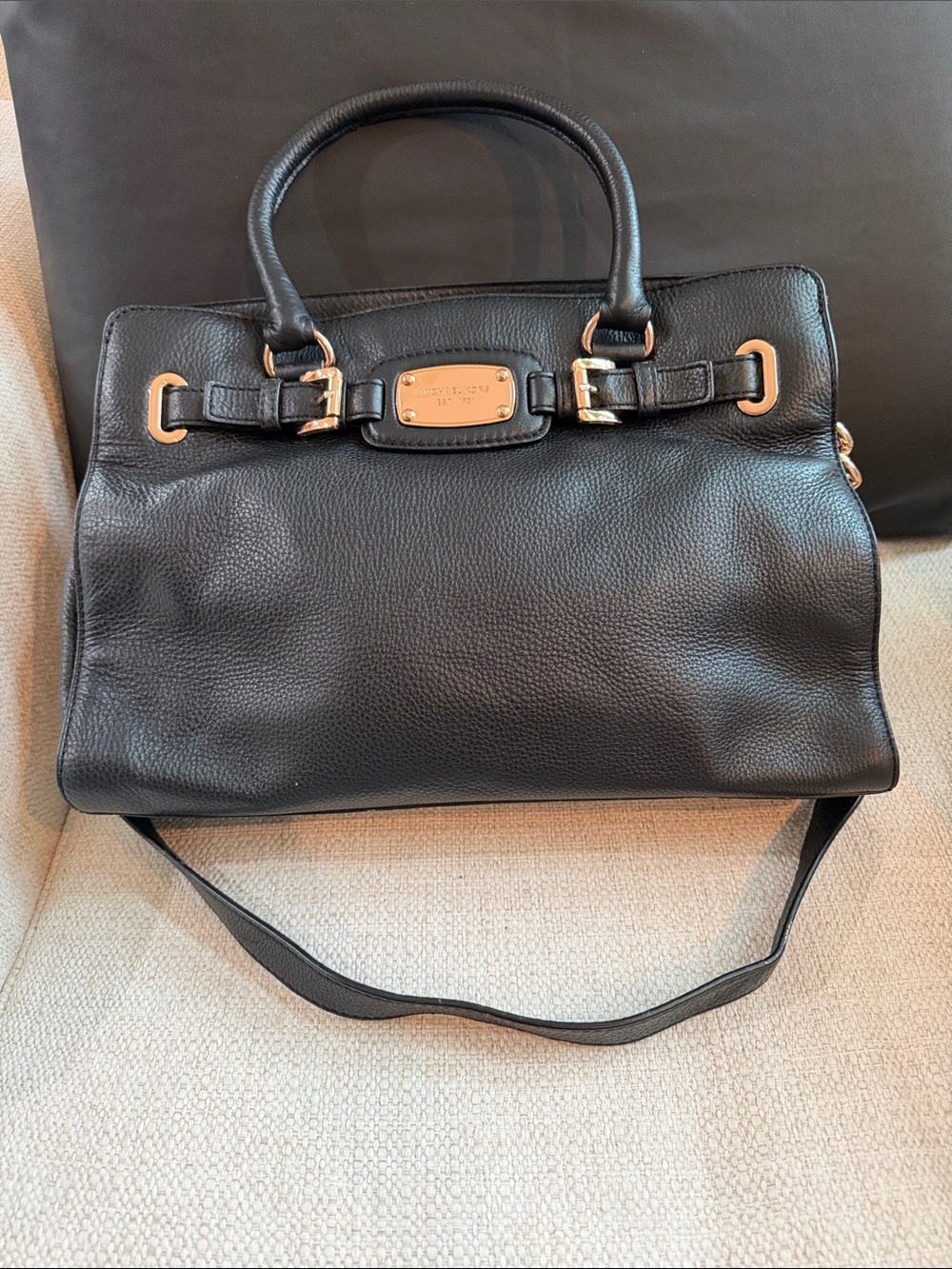 Michael Kors Black Pebbled Leather Satchel with Gold-Tone Plaque